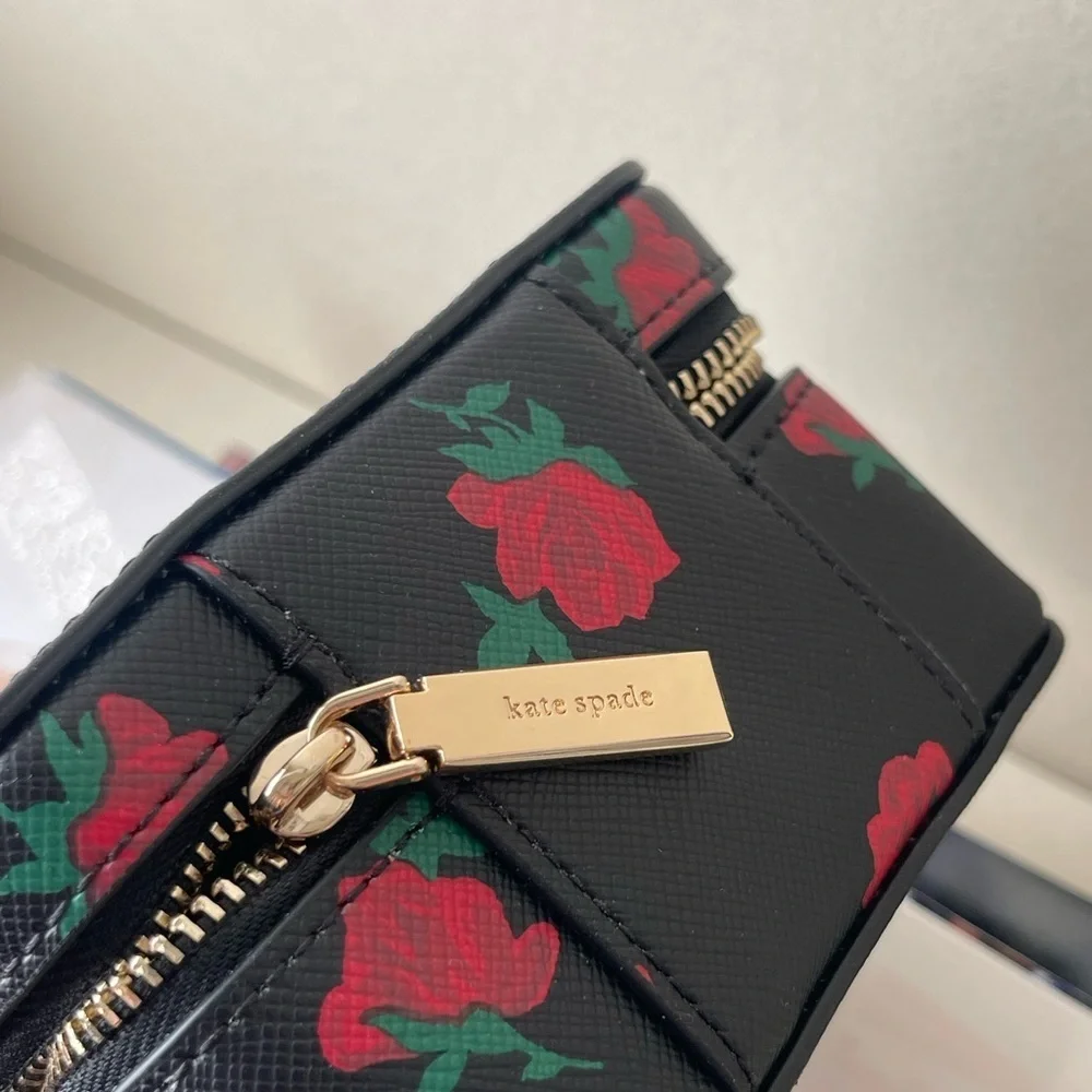 (new+tag) Kate Spade chic black jewelry box with vibrant red floral design